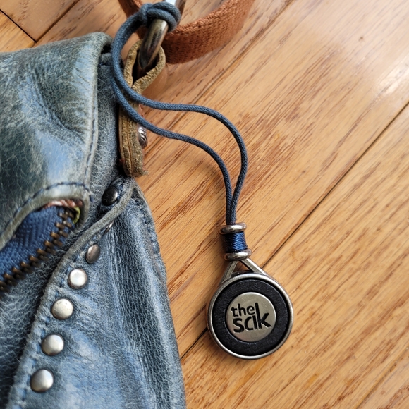 The Sak Blue Striped Distressed Leather Bag Crossbody Studded Zippered Flap - Picture 3 of 15